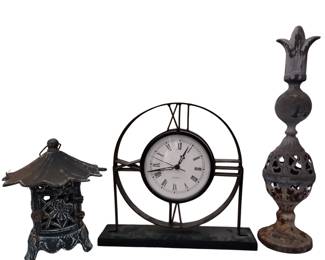 Cast Iron Asian Patio Lamp Candle Holder Clock Rusty Metal Ornament