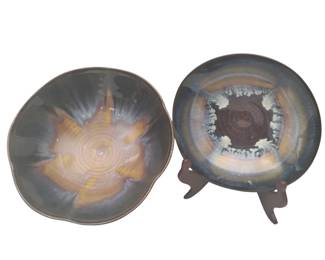 Studio Pottery Art Drip Bowls Blue Pink Brown