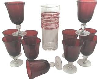 Ruby Glass Footed Goblets + Mexican Vase Red Spiral Thread