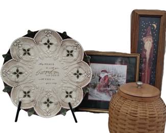 Christmas Decor Large Pottery Plate Rustic Santa Prints Longaberger Cookie Jar