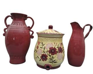 Pottery Vietri Italy Urn Pitcher + Hand Painted Dispenser Floral Warm Red