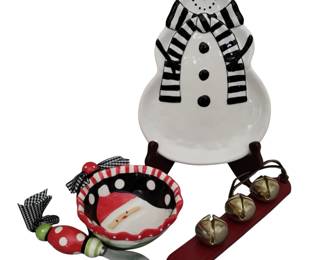 Mud Pie Christmas Snowman Bowl Spreader Plate Sleigh Bells Red Black