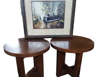 Beautiful Piano Painting Pair Vintage Round End Tables Mediterranean