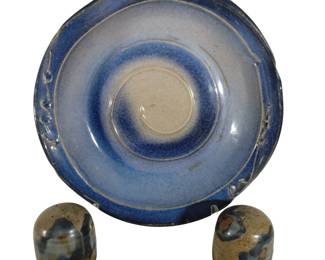 Studio Art Pottery Cobalt Gold Swirl Bowl + Salt Pepper