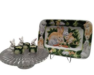 Easter Platter Bunnies Rustic Hutch Glass Cake Pedestal