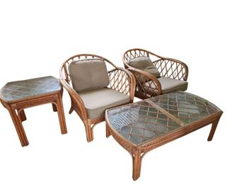 Vintage Rattan Furniture: Easy Chairs Coffee & End Table Glass Top