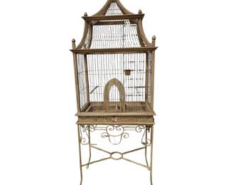 Bird Cage Iron Stand Wood Brass Feeders BoHo Decor Shabby Chic