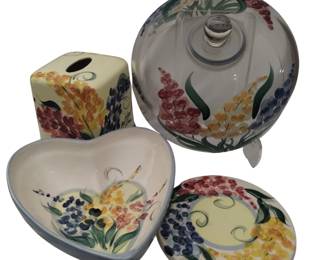 Studio Pottery Gail Pittman Floral Kitchen Decor Tissue Box Cake Dome Heart Bowl Trivet