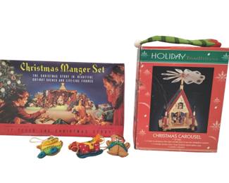 Vintage Christmas Carousel Unused Manger Set & Older Felt Ornaments
