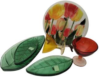 Art Glass Fused Tulip Plate Peggy Karr Tag Green Leaf Plates Sherbets