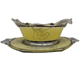 Antique Vintage EAPG Octagon Gray Jelly Bowl Saucer Ladle Yellow Floral