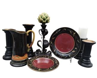 Decor Lot Chocolate Berries Ceramic Plate Pitcher Candle Sticks Rustic Gothic