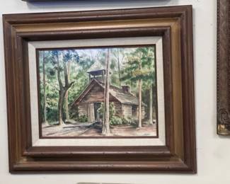 Small Original Oil of Log Church Signed R. Thompson
