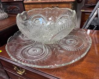 Large Pressed Glass Punch Bowl w/ Underplate