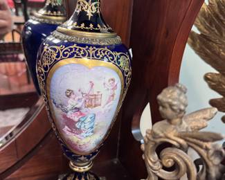 One of a Pair Hand Painted 19th c Cobalt Urns