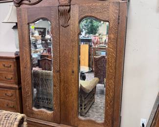 Quartersawn Oak Armoire w/ Beveled Mirror Doors and Key
