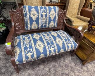 Art Nouveau Settee w/ beautiful blue upholstery