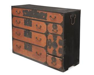 2355
A Japanese tansu chest
20th century
The wood chest with iron hardware and opposed handles, featuring five locking drawers and a locking cabinet door centering, the top and sides ebonized
35" H x 46.5" W x 18" D
Estimate: $400 - $600