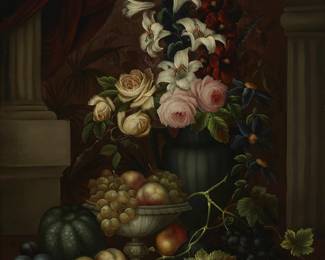 2392
Edwin Steele
(1837-1898)
Still life with flowers and fruit, 1887
Oil on canvas
Signed and dated lower right: E. Steele 1887
36.25" H x 28" W
Estimate: $500 - $700
