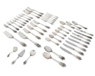 2025
A Wallace sterling silver 'Grand Baroque' flatware service
20th century
Each marked for sterling and Wallace
Comprising 8 dinner knives (9"), 3 dinner forks (7.5"), 4 salad forks (6.875"), 8 cocktail forks (5.5"), 6 strawberry forks (5.125"), 6 teaspoons, 3 tablespoons, 2 slotted serving spoons, 2 serving forks, 1 gravy ladle, 1 sugar spoon, and 1 cheese server
45 pieces
Largest serving utensil: 8.875" L
Weighable sterling: 55.1 oz. troy approximately
Estimate: $800 - $1,200