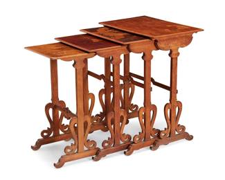 2088
A nest of four Gallé marquetry tables
Circa 1900
Signed in marquetry: Gallé
Comprising four fruitwood tables in graduated sizes, each depicting Umbel flowers and foliage, the three largest depicting insects, raised on carved wood trestle legs
4 pieces
Largest: 28" H x 14" W x 14" D; Smallest: 25.25" H x 14" W x 14" D
Estimate: $700 - $900