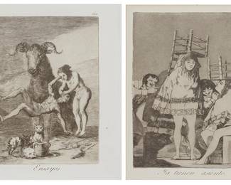 2232
Francisco Goya
(1746-1828)
"Ya tienen asiento (They've already got a seat)," plate 26; and "Ensayos (Trials)," plate 60 from "Los Caprichos," circa 1799
Each: Etching with aquatint, drypoint, and engraving in black on off-white/white paper
Each presumably from one of the later editions (at least 12 separate editions were printed between 1799 and 1937)
Each unsigned as usual; plate 60 with the artist's name etched in the lower left corner of the plate; each with the title and plate number etched in the plate outside the image
Plate of plate 26: 8.375" H x 5.875" W; Plate of plate 60: 8.125" H x 6.5" W
Estimate: $400 - $600