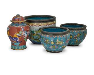 2138
Four Chinese cloisonné vessels
20th century
Urn marked with Chinese characters in relief to underside
The copper and enamel vessels comprising a pair of bowls depicting figural motifs, a single bowl depicting dragon motifs, and a lidded urn decorated with lion and bat figures
4 pieces
Largest bowl: 12" H x 16" Dia.; Urn: 14.625" H x 9.5" Dia.
Estimate: $600 - $800
