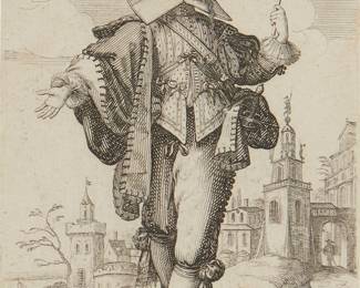 2230
Abraham Bosse
(1602/04-1676)
"A Gentleman Walking Forward with his Right Arm Outstretched...," one plate from "The Garden of the French Nobles...," after Jean de Saint-Igny, 1629
Etching on paper
From the edition of unknown size, presumably a second (final) state
With the names of the artist and printmaker etched in the lower corners of the plate: "De St Igny inv" and "A Bosse fecit"
Sheet: 5.625" H x 3.75" W (approx.)
Estimate: $300 - $500