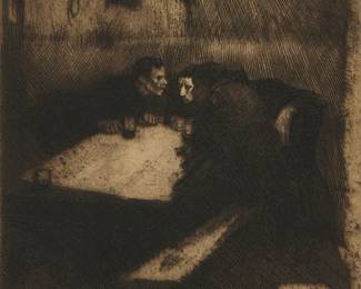 2116
Käthe Kollwitz
(1867-1945)
"Council," plate 3 from the series "Ein Weberaufstand," 1898
Etching on cream wove paper
From the edition of unknown size and date, printed posthumously
Unsigned; with the A.v.d. Becke Muenchen-22 blindstamp in the lower right corner of the platemark; Alexander von der Becke, Berlin, Germany, pub.
Plate: 11.75" H x 7" W; Sight: 12.125" H x 7.25" W
Estimate: $300 - $500