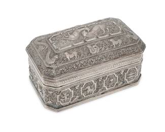 2286
A Burmese sterling silver betel nut box
20th century
Appears unmarked
The rectangular vessel with elaborate chased and repoussé scrolling vine motif surrounding cartouches of various animals and dancing figures
4" H x 7.25" W x 4.375" D
19.2 oz. troy approximately
Estimate: $400 - $600