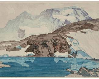 2211
Hiroshi Yoshida
(1876-1950)
"Buraitohorun-yama," from the series "Oushuu," 1925
Woodcut in colors on paper
From the lifetime edition of unknown size and date
Signed and titled in pencil in the lower margin: Hiroshi Yoshida; signed again "Yoshida" in black ink, and with the artist's red ink "Hiroshi" seal in Japanese in the lower left corner of the image; with Japanese characters, including the artist's jizuri ("self printed") seal, stamped in black ink in the left margin
Image: 9.875" H x 14.625" W; Sheet: 11" H x 16" W
Estimate: $600 - $800