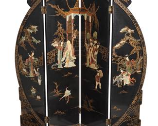 2053
An East Asian hardstone-mounted four-panel screen
20th century
Of circular form, each black lacquered wood panel with hardstone, shell, and carved bone overlay to fronts, depicting a scene with courtly figures and Manchurian crane, the versos gilt-decorated with text and floral motifs
Each inner panel: 72.25" H x 18.75" W x 1.375" D; Each outer panel: 68.25" H x 18" W
Estimate: $300 - $500