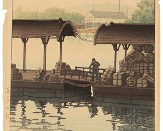 2219
Kawase Hasui
(1883-1957)
"Morning in Onomichi," from the "Collection of Scenic Views of Japan II," circa 1940
Woodcut in colors on paper
From the edition of unknown size and date
Signed "Hasui" and sealed "sui" lower right, other various black ink inscriptions in Japanese in the lower portion of the left and right margins
Image: 14.375" H x 9.5" W; Sheet: 15.625" H x 10.5" W
Estimate: $400 - $600