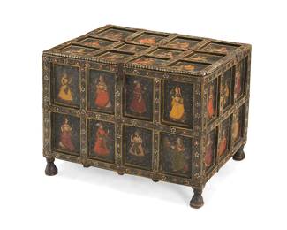 2372
An Indian polychromed wood dowry chest
20th century
The wood with hinged latch-locking lid, featuring inlaid trimming and panels to each side painted with figures
20" H x 26" W x 20.5" D
Estimate: $300 - $500