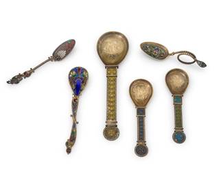 2064
A group of plique-à-jour spoons
Late 19th/early 20th century
One marked for Shiebler and for sterling, another marked for David Andersen and for sterling; another marked for Georg Adam Scheid and Austrian toucan mark [.800]; last three dated: 3-10-1914
Each vermeil gold-washed spoon of various silver purities, featuring translucent enamel decoration in floral and filigree patterns
6 pieces
Andersen: 5" L; Longest: 8.5" L
Estimate: $500 - $700