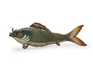 2057
A Chinese enameled metal articulated fish
Early 20th century
The fish figure with articulated fins, whiskers, tail, and body in many segments
4.25" H x 14.25" W x 2" D
Estimate: $200 - $400
