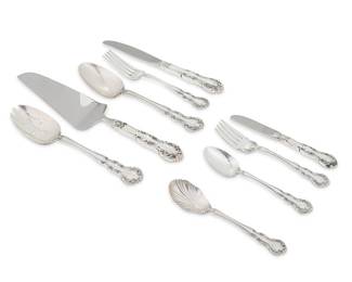 2021
A Wallace sterling silver 'Old Atlanta' flatware service
Late 20th century
Each marked for Wallace and sterling; most marked with pattern name
Comprising 8 dinner knives (9"), 8 butter spreaders (6.25"), 8 dinner forks (7.375"), 8 salad forks (6.5"), 8 teaspoons (6"), 3 teaspoons (8.375"), 1 slotted tablespoon (8.375"), 1 sugar spoon (6.25"), and 1 pie/cake server (10.875")
46 pieces
Weighable sterling: 44.6 oz. troy approximately
Estimate: $800 - $1,200