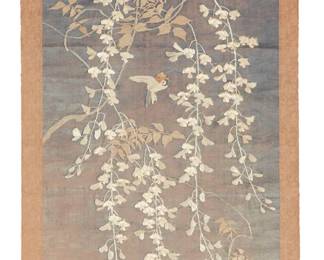 2208
An East Asian embroidered hanging scroll of birds and flowers
Possibly Japan, Edo period or later
A beige floral figured fabric scroll with a central embroidered panel featuring a bird among cascading branches and trailing flower sprays, with a brown brocade fabric border at the top and bottom of the central panel, all lined with paper backing; the scroll attached to wooden dowels, and with hanging cord and tassels to top
Overall: 68.25" H x 23.125" W
Estimate: $700 - $900