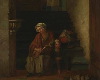 2246
Cornelis Speets
(1794-1862)
"Vermoeide Keukenjongens" (Tired kitchen urchins), 1840
Oil on panel
Signed, dated, and inscribed in the lower left quadrant, to the left of the woman's skirts: G. Speets / "fct [fecit/made it] '40;" titled on an old gallery label affixed verso, together with red sealing wax; with an alternate title, "Street Urchins, Amsterdam," on a gallery sheet stored on the panel's verso
15.75" H x 14.5" W
Estimate: $600 - $800