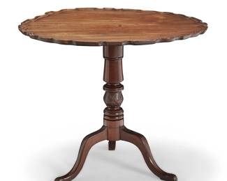 2414
A George III mahogany tilt-top pedestal table
Late 18th/early 19th century
The tabletop with a piecrust beveled edge, supported on a turned standard raised on tripod curvilinear legs carved with bellflower motifs
28.5" H x 33.25" Dia.
Estimate: $300 - $500