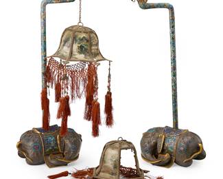 2051
A pair of East Asian cloisonné table lamps
20th century
Each base with applied metal plaque to underside bearing an apocryphal reign mark for Qianlong Period (1736-1795)
The base of each enameled and gilt-metal lamp in the form of a recumbent elephant, issuing a rotating standard terminating in a dragon head, issuing a cloisonné-framed hanging shade with painted panels and adorned with woven fabric
2 pieces
Each base: 5" H x 9.25" W x 8.75" D; Each overall: 24.5" H; Each shade: 5" H x 9.25" Dia.
Estimate: $1,000 - $1,500