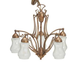 2087
An Art Nouveau brass and glass chandelier
Early 20th century
The five-light chandelier with etched iridescent glass shades, electrified
21" H x 22.5" Dia.
Estimate: $300 - $500