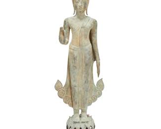 2294
A Thai bronze standing Buddha figure
20th century
Depicted with ushnisha flame headpiece, hands in abhaya mudra, and standing on a lotus base
55.5" H x 15.5" W x 12" D
Estimate: $400 - $600