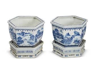 2192
A pair of Chinese blue and white porcelain jardinières
Early/mid-20th century or later
Each hexagonal jardinière decorated with cobalt blue buildings and figures in a landscape, raised on a conformingly shaped base
2 pieces
Each: 14.75" H x 14.5" Dia.
Estimate: $600 - $900