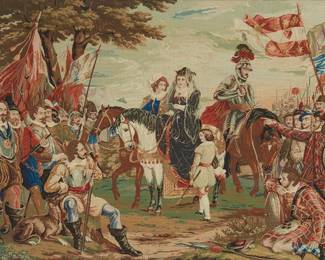 2416
A Victorian needlepoint tapestry: The surrender of Mary Queen of Scots to the Confederate Lords at Carberry Hill in the year 1567
Mid/late 19th century; after Alexander Chisholm (1792-1847)
A finely worked petitpoint wool on canvas panel depicting Mary and Lord Kirkaldy of Grange on horseback in a landscape surrounded by troops
Sight: 27.75" H x 39.5" W
Estimate: $700 - $900