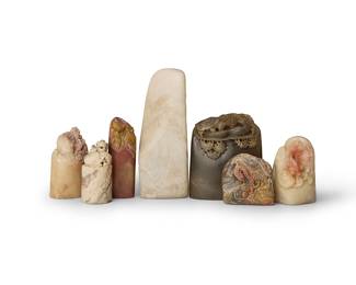 2336
Seven Chinese carved hardstone seals
20th century
Carved with various subjects including landscapes, a seascape, insects, and dragons, all blank
7 pieces
Tallest: 4.625" H; Shortest: 2.25" H
Estimate: $700 - $1,000