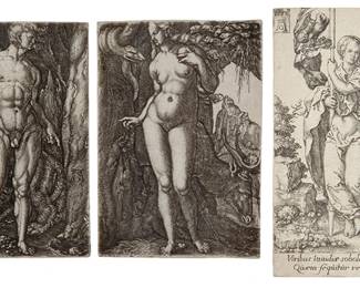2224
Heinrich Aldegrever (1502- circa 1555/1561)
Three works:
"Adam with a Lion," 16th century
Engraving on laid paper
With the artist's monogram engraved in the plate near the center of the right edge: AG
Sheet: 3.625" H x 2.5" W
"Eve with a Stag," 16th century
Engraving on laid paper
With the artist's monogram engraved in the plate near the center of the left edge: AG
Sheet: 3.625" H x 2.5" W
"Charity," from "The Virtues," 1552
Engraving on laid paper
With the artist's monogram and the date engraved in the upper left corner of the plate, and two lines of Latin text engraved in the blank of the plate below the image
Sheet: 4.125" H x 2.5" W
Estimate: $800 - $1,200