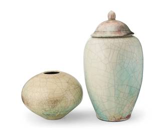 2389
Kenneth "Dale" Ferguson (1928-2004)
Two large Raku-style glazed earthenware vessels, late 20th century
Each with incised signature near base: Ferguson
Comprising a lidded jar and a bulbous vase, each fired in the Japanese Raku style
2 pieces
Jar: 25" H x 13" Dia.; Vase: 11" H x 14.75" Dia.
Estimate: $300 - $500