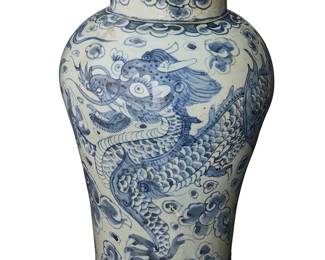 2209
A Korean porcelain blue and white dragon jar
Joseon Dynasty (1392-1897)
Unmarked
The ovoid jar with tall cylindrical neck above wide shoulders tapering to the foot, with a tall, painted in underglaze cobalt with an animated dragon chasing a flaming jewel through clouds
18" H x 10.5" Dia.
Estimate: $3,000 - $5,000