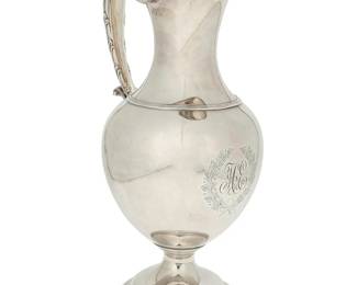 2014
A Dominick & Haff sterling silver pitcher
1909; New York City, NY
Marked and dated to underside: 925 / 1909 / Sterling / 1654 / 6 Pts.
The footed pitcher with ornate scrolled handle, personalized
14.75" H x 8.75" W x 6.375" D
39.7 oz. troy approximately
Estimate: $500 - $700